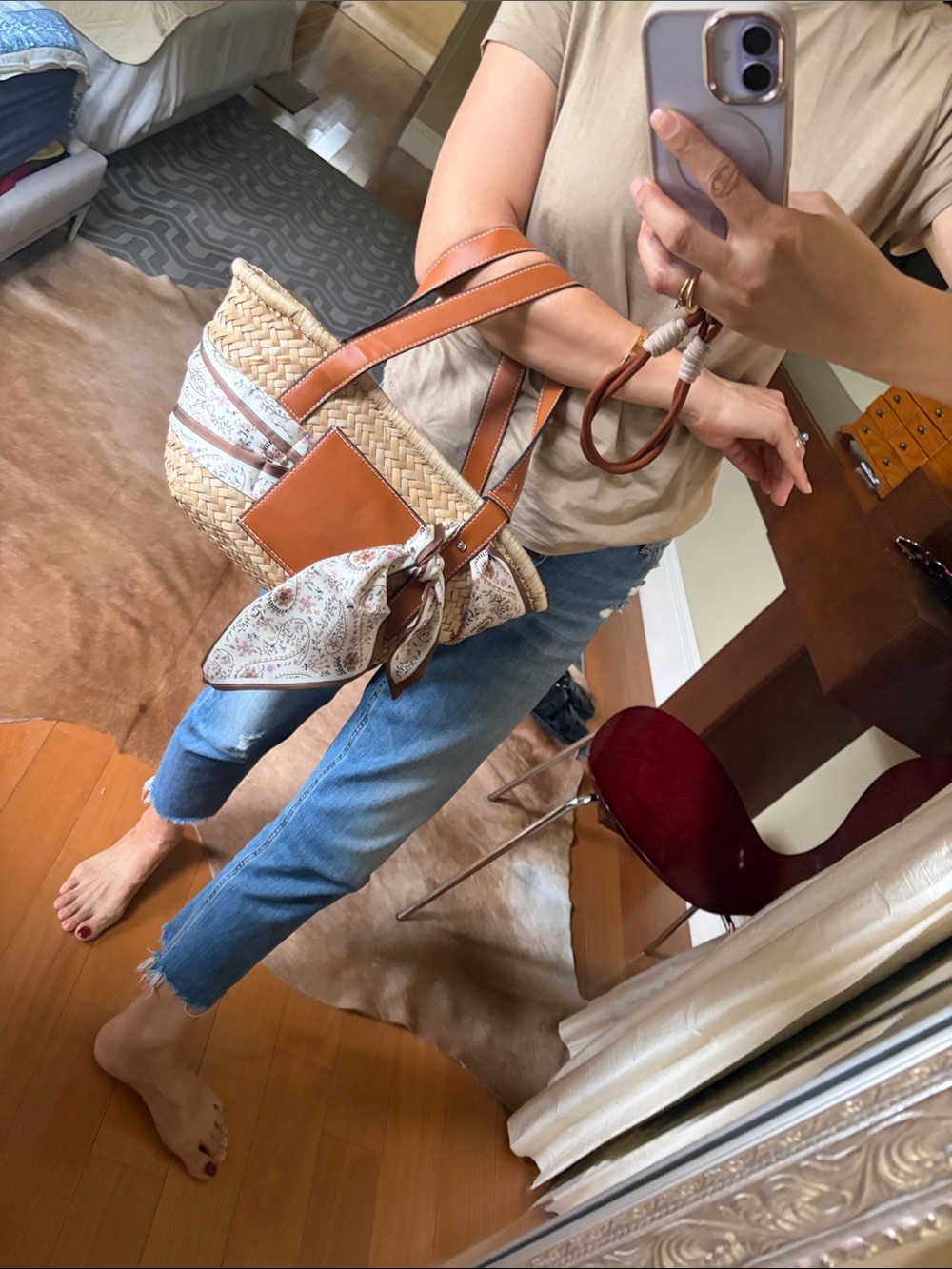 Anthropologie Straw Tote with Tan Leather Trim and Paisley Scarf